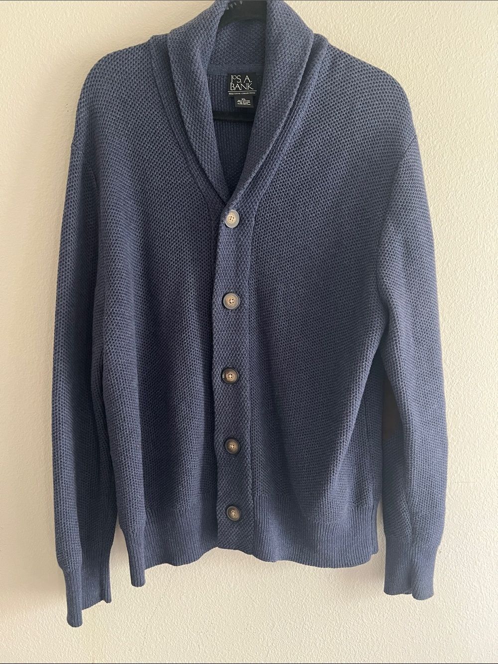 Jos A Bank Executive Collection Cardigan XL Blue 100% Cotton Shawl Collar